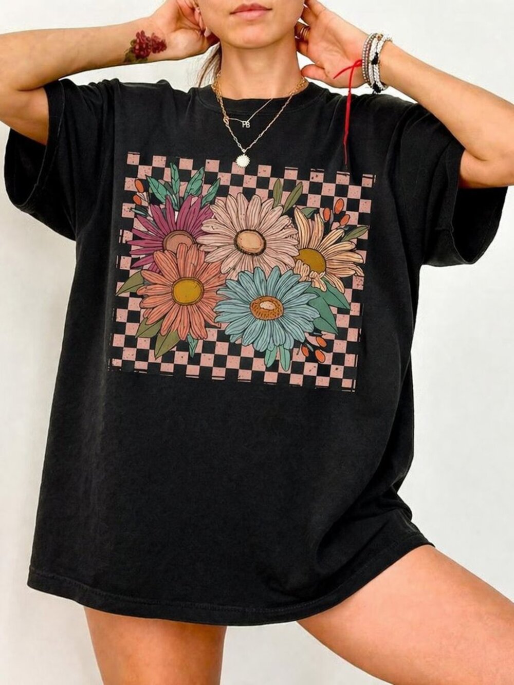 Vintage Floral Checkered Shirt, Retro Boho Wildflower Tee